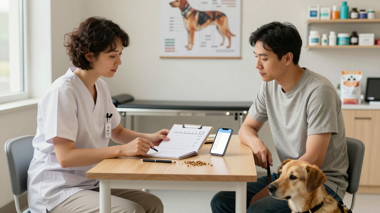 Vet discussing with pet owner. Dog sitting by table.