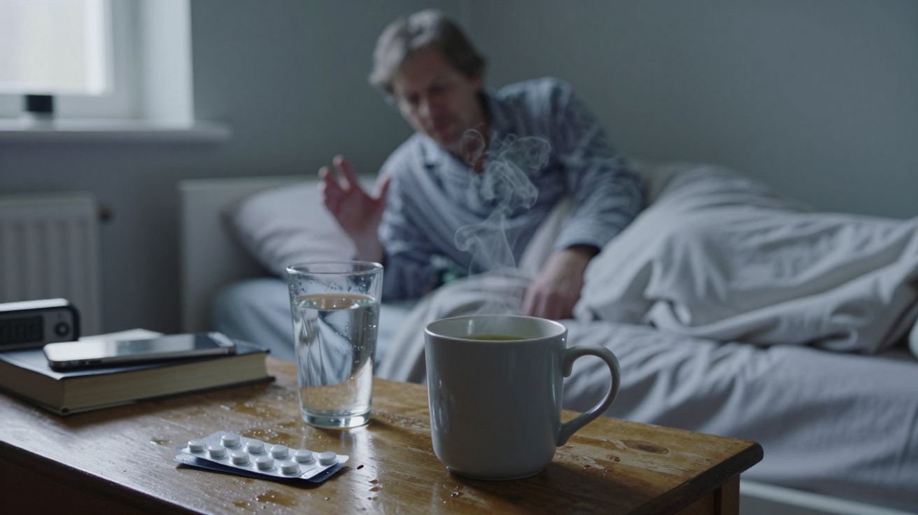 A man in pyjamas sits in bed, with a steaming cup, water, and tablets on a bedside table.