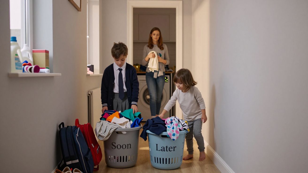 Children sorting laundry into baskets labelled "Soon" and "Later" in a hallway, with a woman in the background.