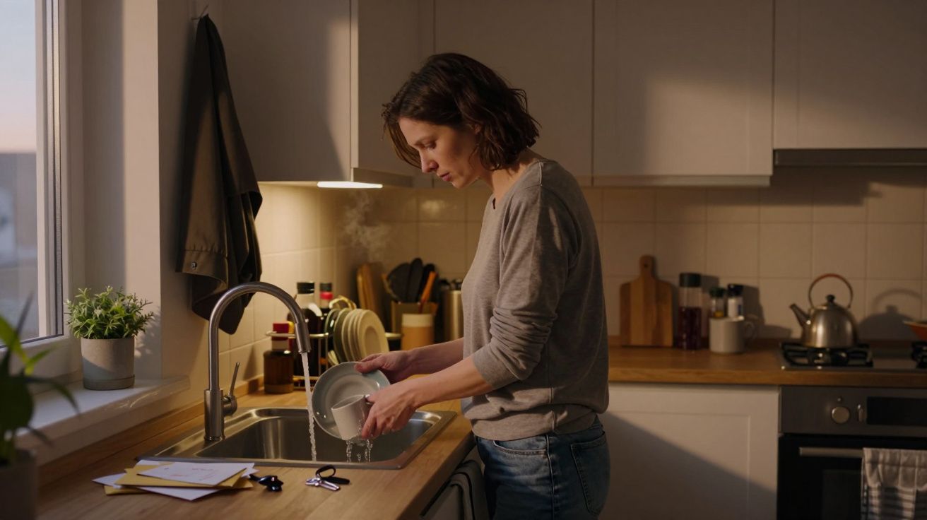 Woman washing dishes at kitchen sink in well-lit modern kitchen, with plants and letters on the counter.