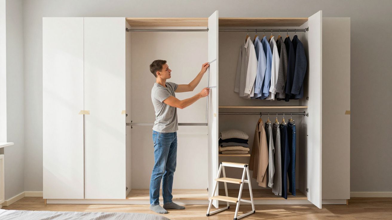 Man organising clothes in a white wardrobe with open doors, standing on a step ladder in a modern, tidy room.