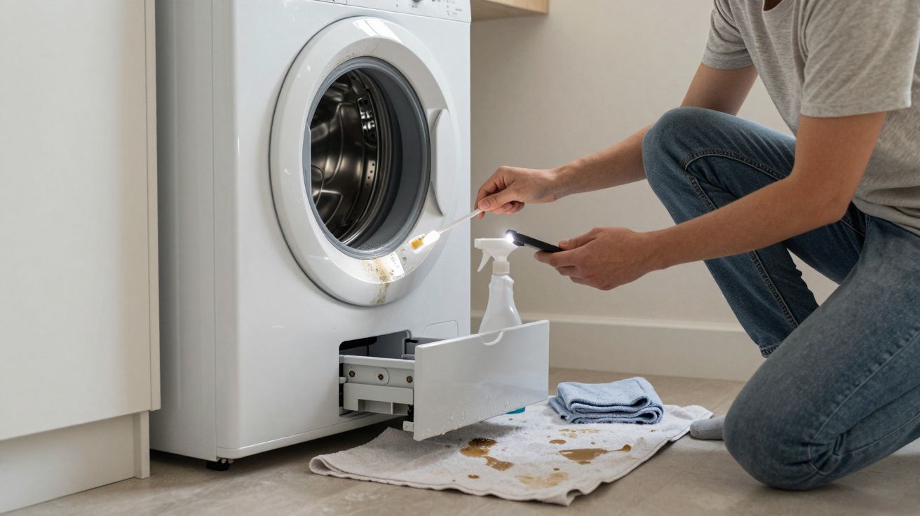 Person cleaning a washing machine detergent drawer with a toothbrush, spray bottle, and towel on the floor.