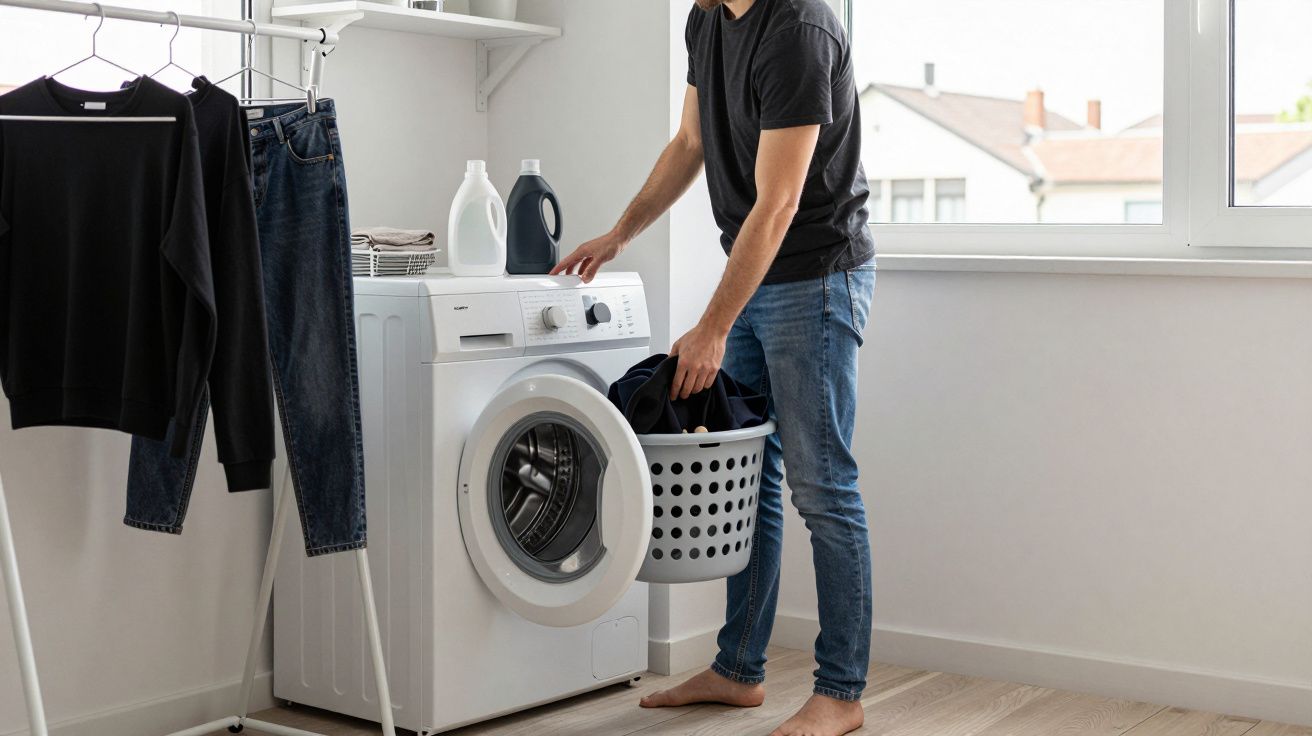 Man loading laundry into washing machine in a bright room with clothes hanging nearby.