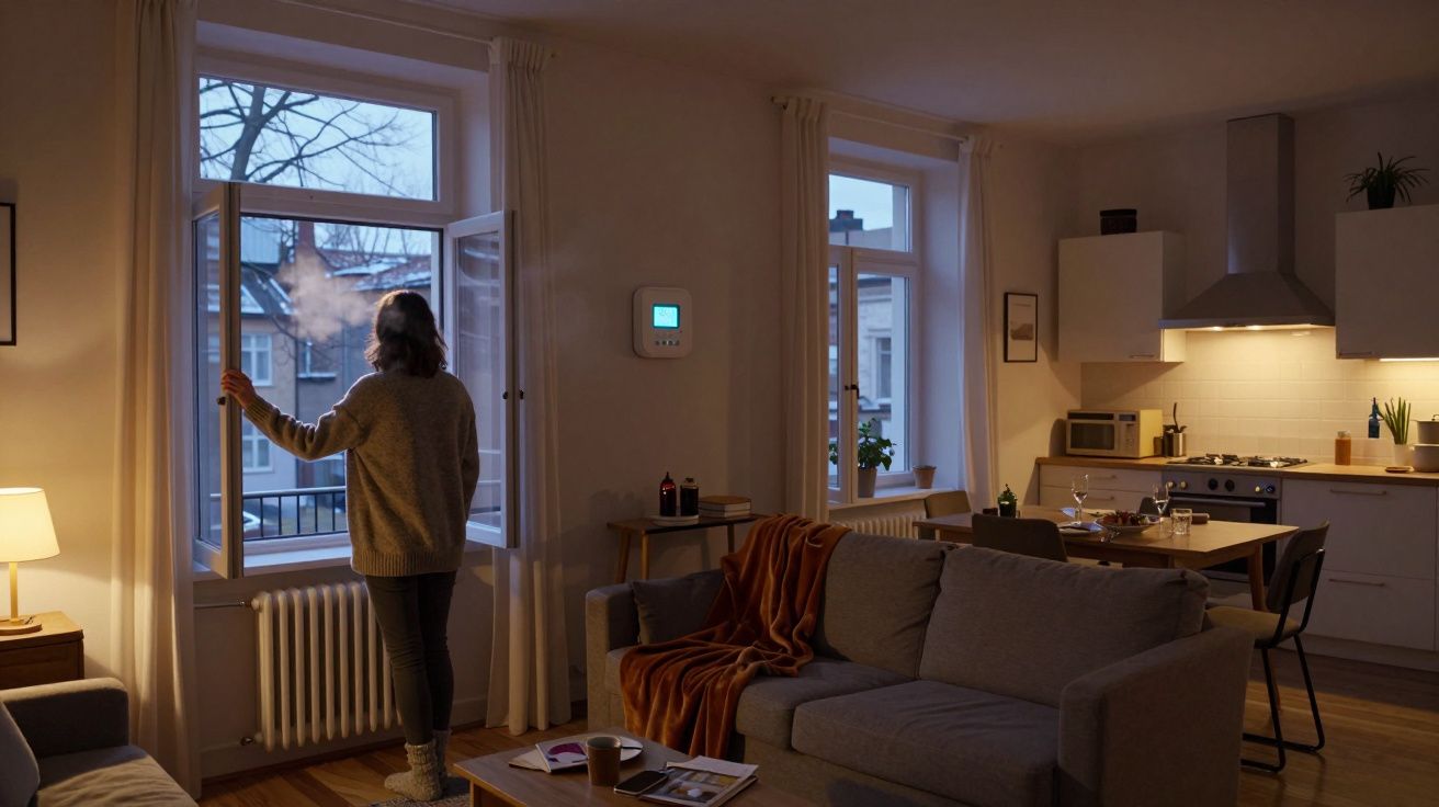Woman in a cosy living room looking out of an open window at dusk, with a kitchen in the background.