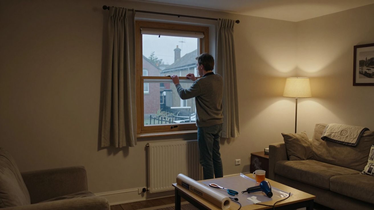 Man in living room fitting window blinds with tools on coffee table.