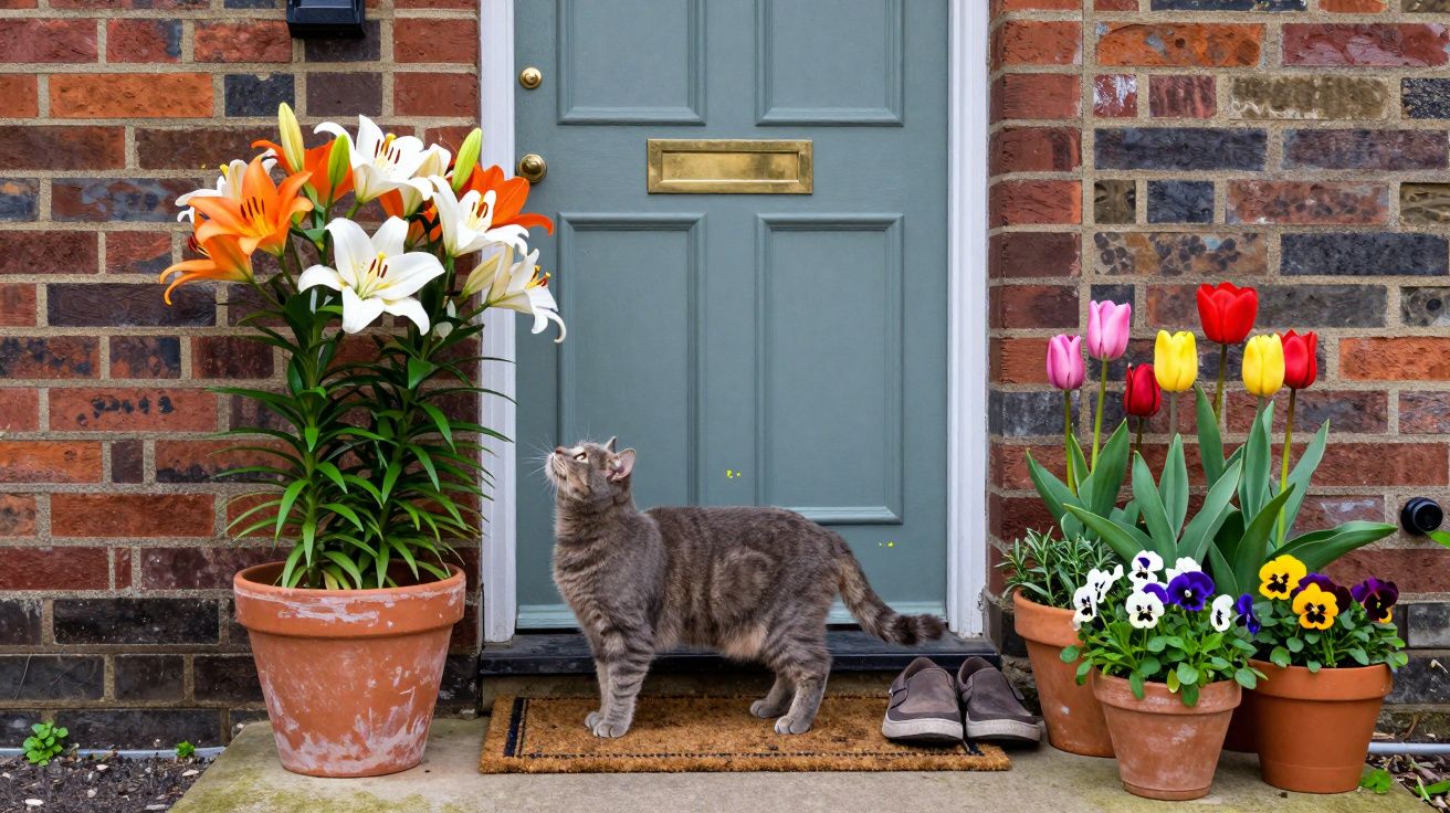 Grey cat near blue door, surrounded by potted lilies, tulips, and pansies, on a doorstep with slippers.