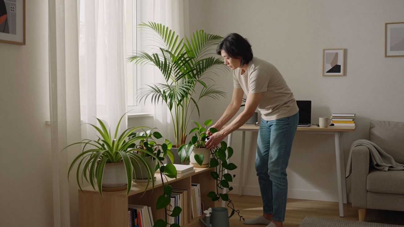 Person tending to houseplants on a wooden shelf in a bright, cosy living room with a sofa and desk in the background.