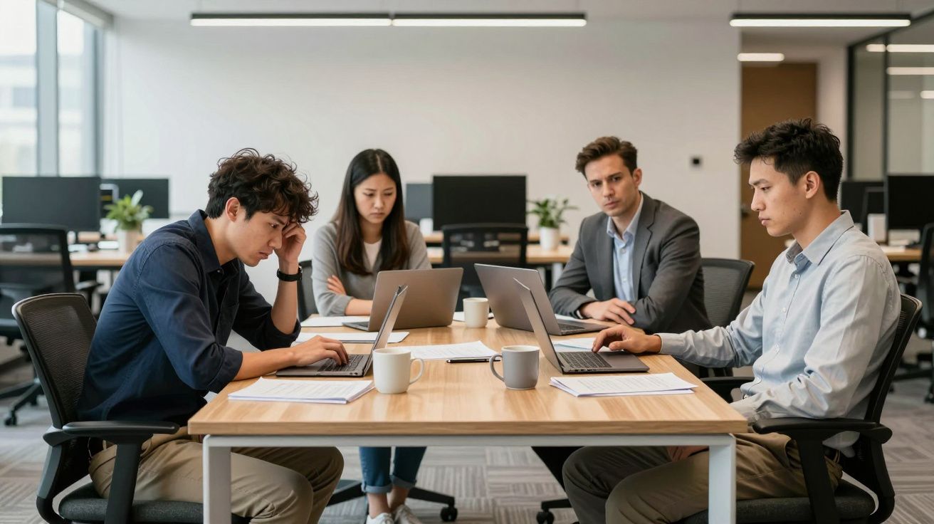 Four people in an office sitting at a table, working on laptops, appearing focused and engaged.