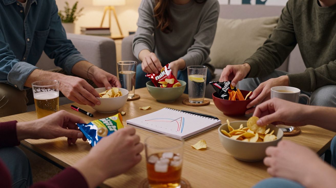 Group of people sitting around a table with crisps, snacks, drinks, and a notebook in a cosy living room setting.