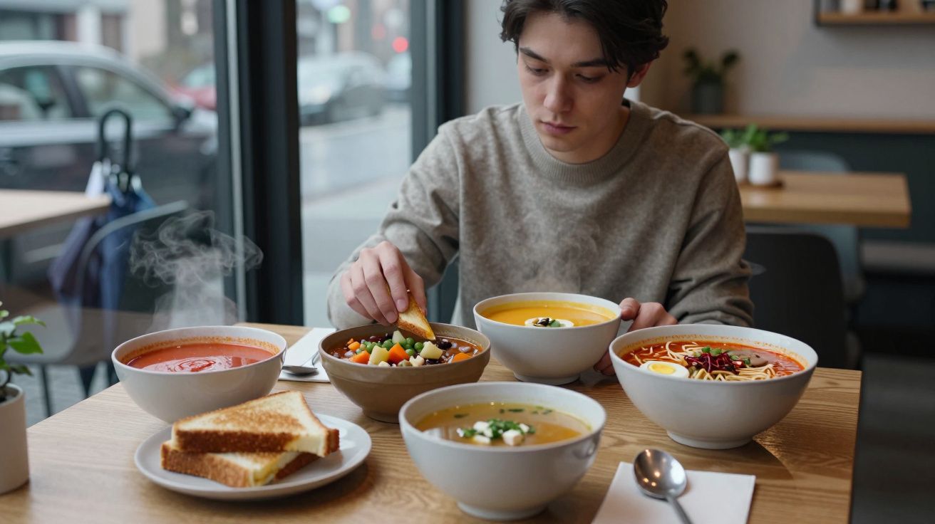 Young man sitting at a table with various soups and toasted sandwiches in a cosy café setting.