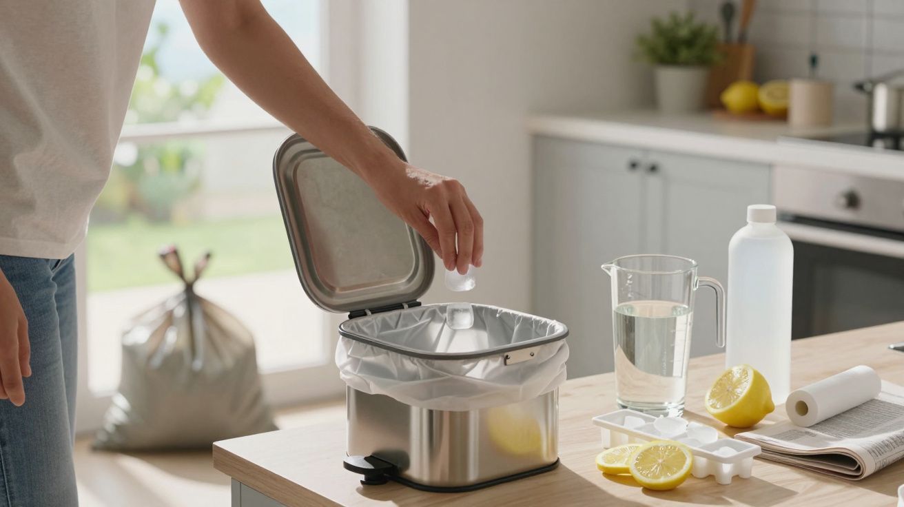 Person dropping an item into a kitchen bin, with lemons, a pitcher, and a bottle on the worktop in a bright kitchen.