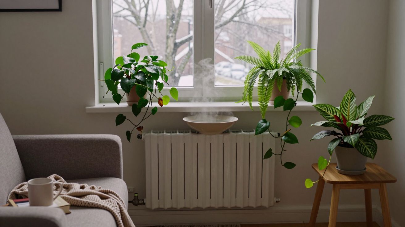Cosy room with sofa, steaming bowl, and plants by a window on a snowy day.