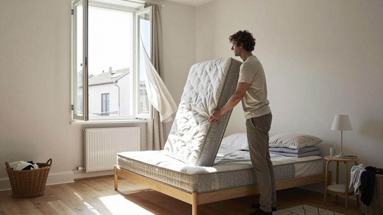 Man lifting a mattress in a bright bedroom, with a wooden bed and open window.
