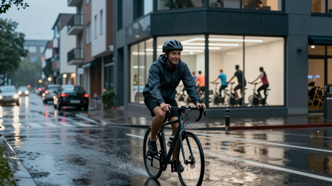 Man cycling in the rain on a city street, wearing a helmet and jacket; people exercise inside a building in the background.