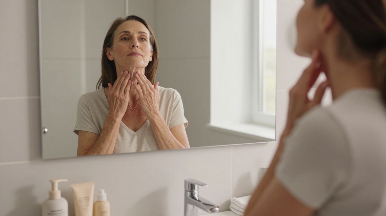 Woman in a bathroom looking in the mirror, touching her neck, with skincare products visible on the sink.