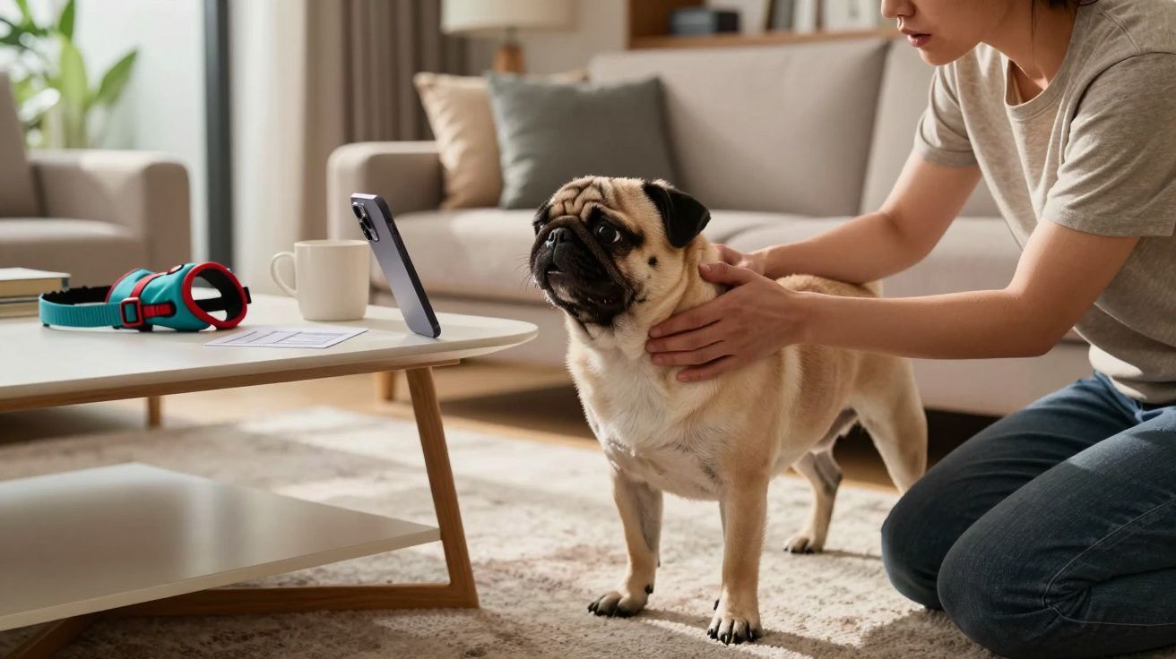 Person holding a pug in a living room, table with phone and dog collar nearby.