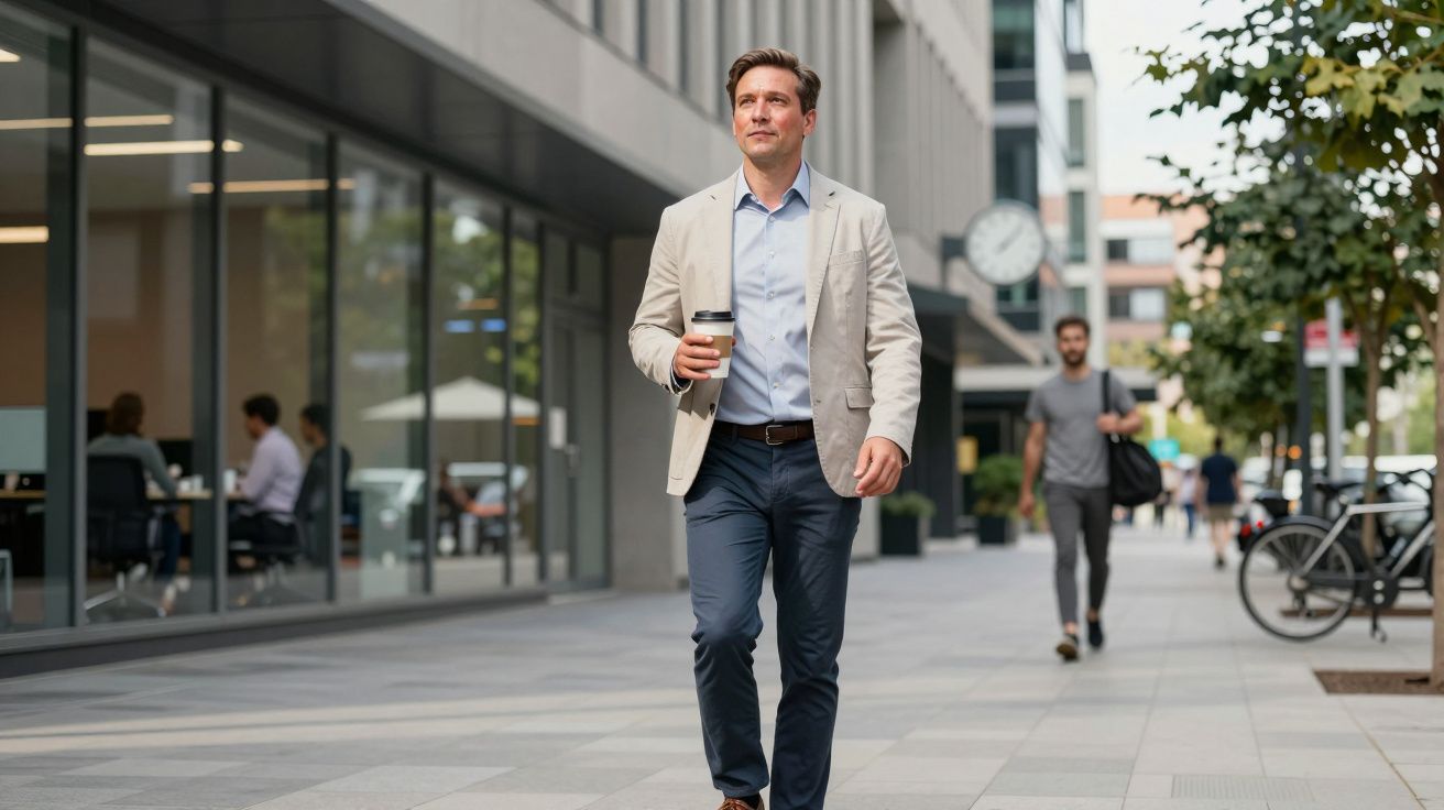 Man walking on city street, holding a coffee cup, with office buildings and people in the background.