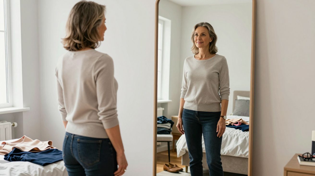 Woman in light sweater and jeans looking at herself in a full-length mirror in a tidy bedroom.