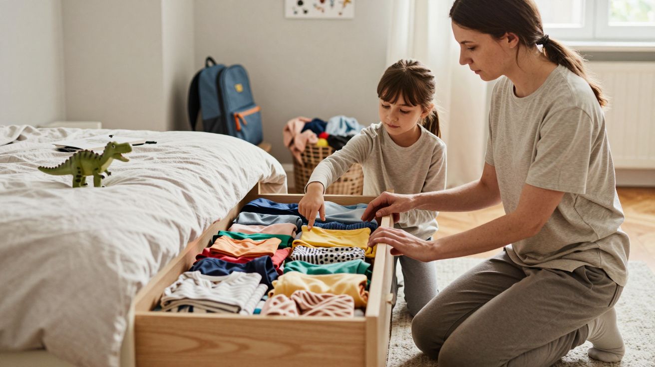 Mother and daughter organising colourful clothes in a bedroom drawer.