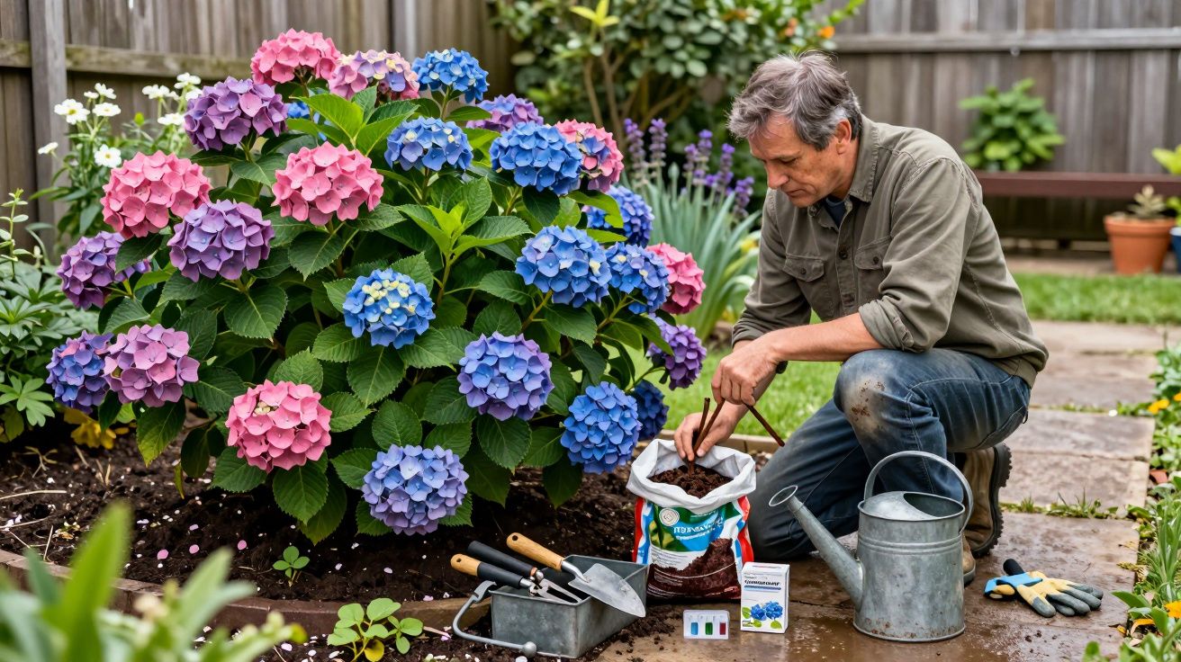 Man gardening next to pink and blue hydrangeas, using soil and gardening tools with a watering can nearby.