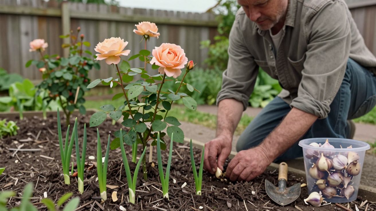 A man plants bulbs in a garden bed with blooming peach roses, surrounded by young green shoots, next to a trowel and bucket.