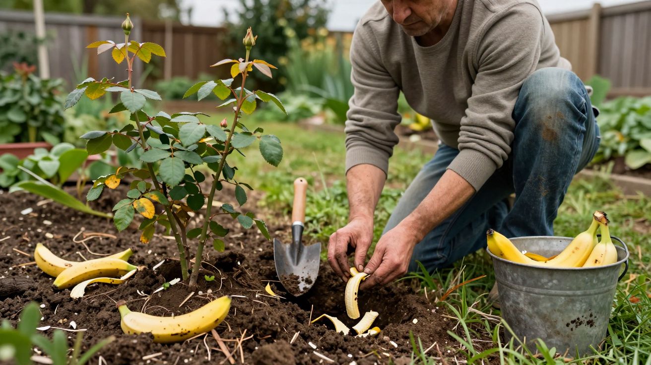 Man kneeling in garden burying banana peels near a rose bush, surrounded by soil and bucket of peels.