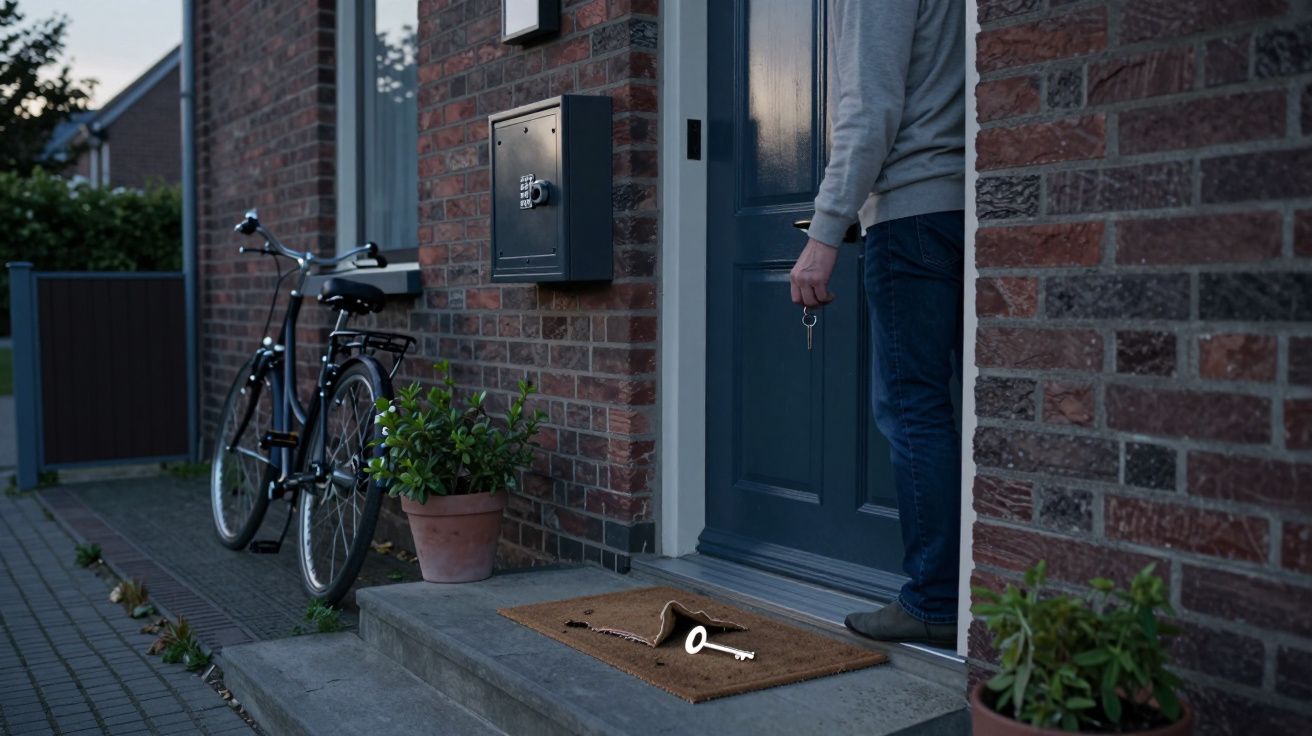 Person with keys approaches a blue front door next to a bicycle, with a doormat and potted plants nearby.
