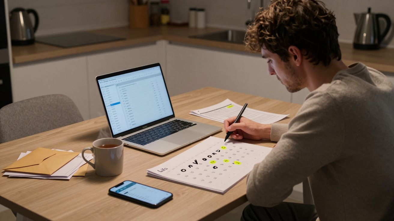 Man working at a table with a laptop, smartphone, cup of coffee, and a calendar in a kitchen setting.
