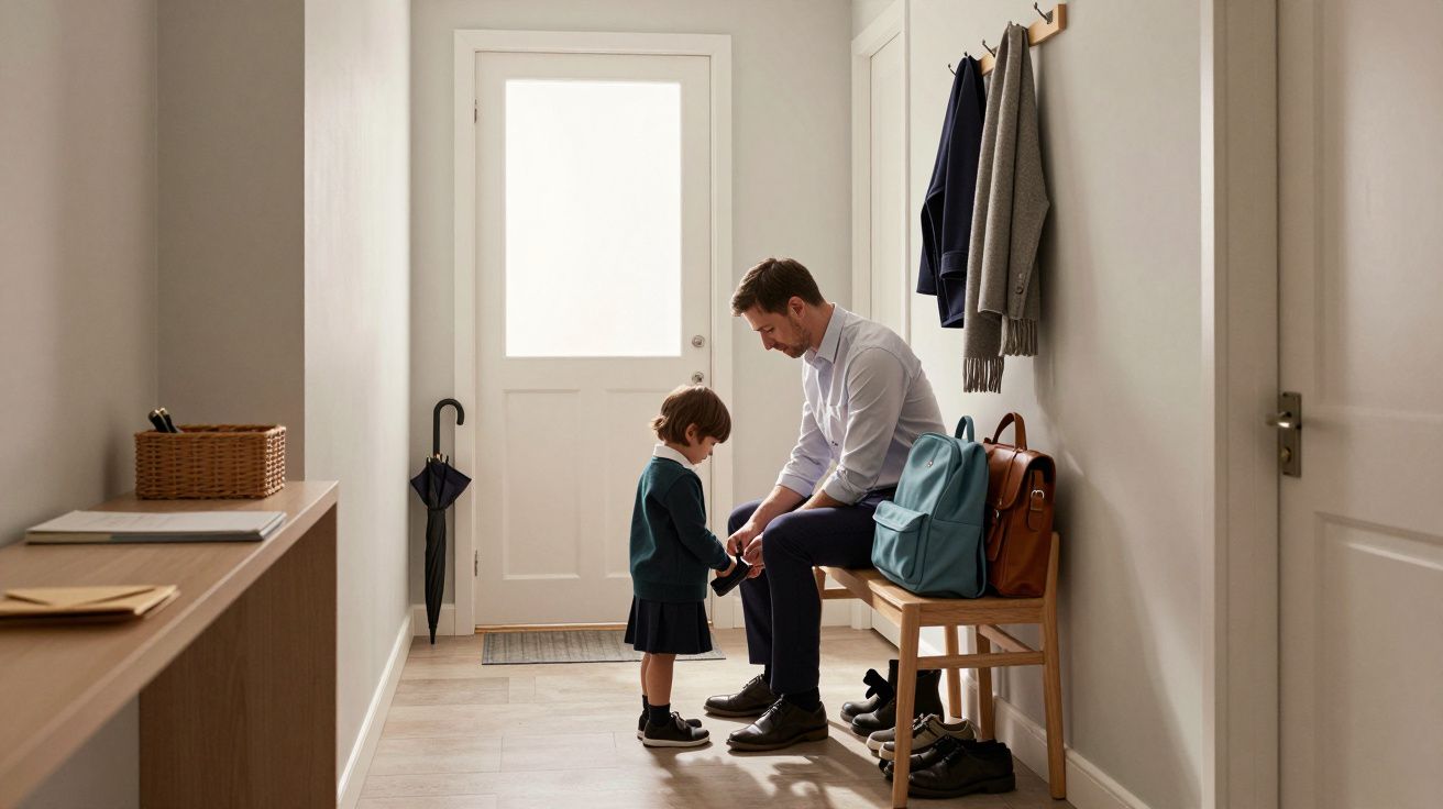 Father helping child in school uniform with shoes in a hallway, surrounded by coats, bags, and an umbrella by the door.
