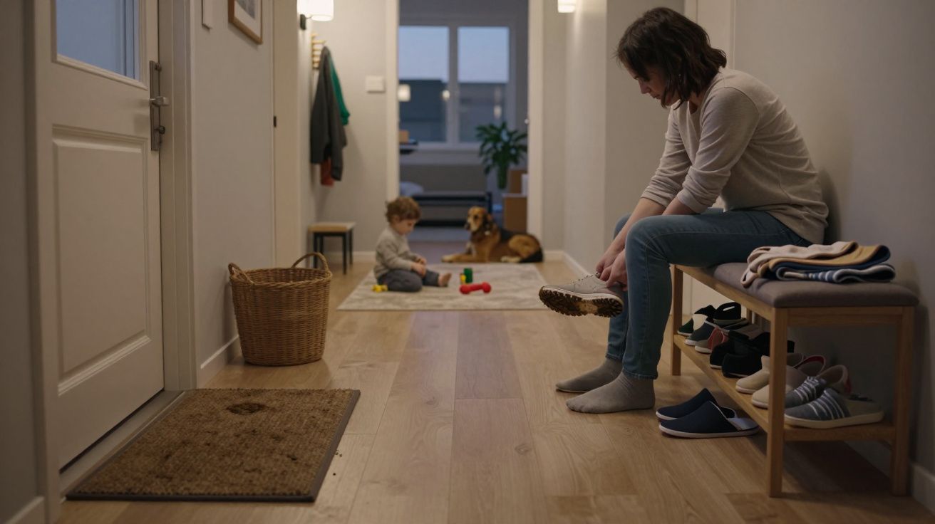 Woman putting on shoes in hallway; child and dog play on the rug, surrounded by warm home lighting.