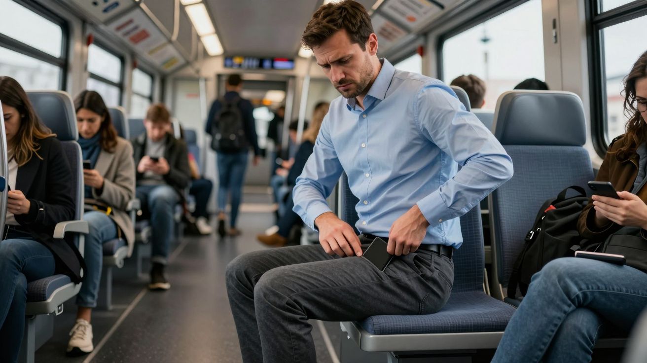Man adjusting smartphone in pocket on train, surrounded by passengers using phones.
