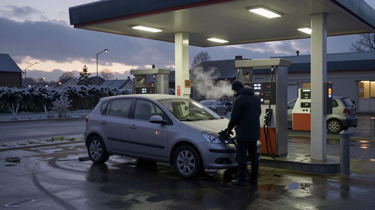 Person refuelling a grey car at a petrol station on a cold evening, with steam visible in the air.