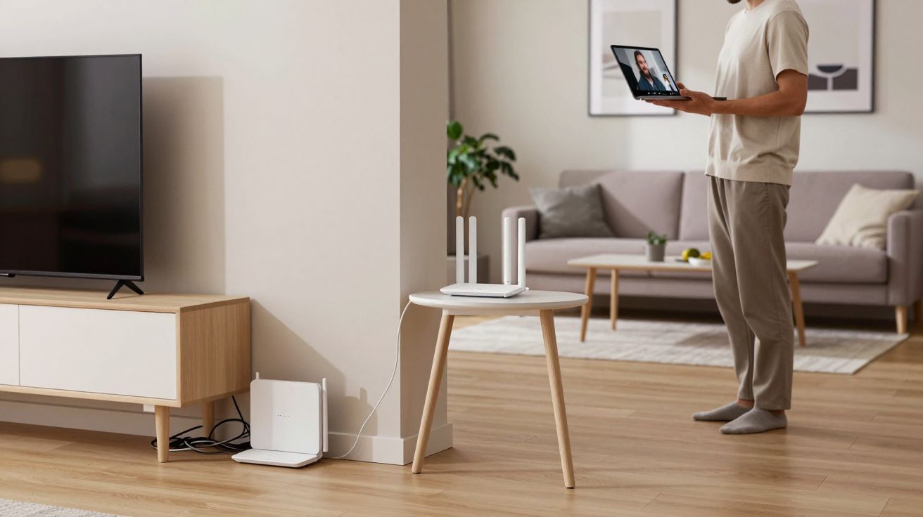 Living room with a man holding a laptop, near a TV console and a table with a Wi-Fi router.