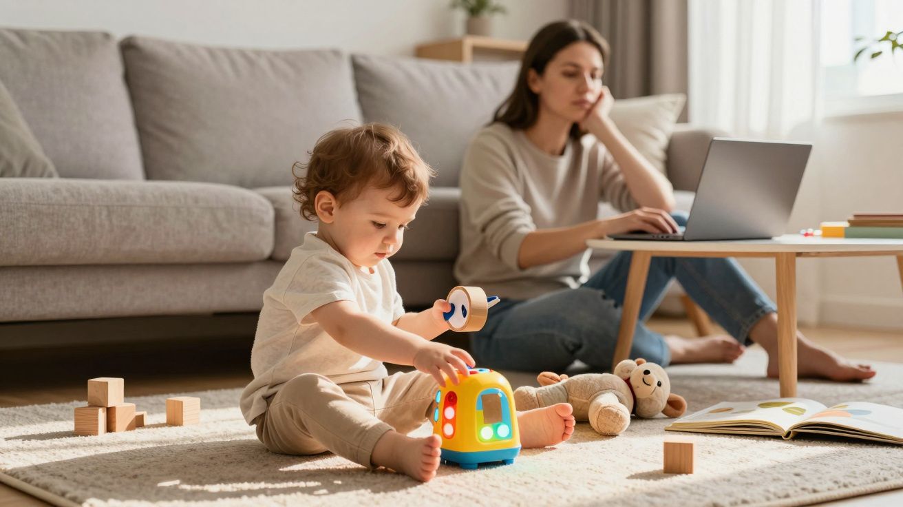 Toddler playing with toys on the floor, while a woman works on a laptop in the background in a living room.