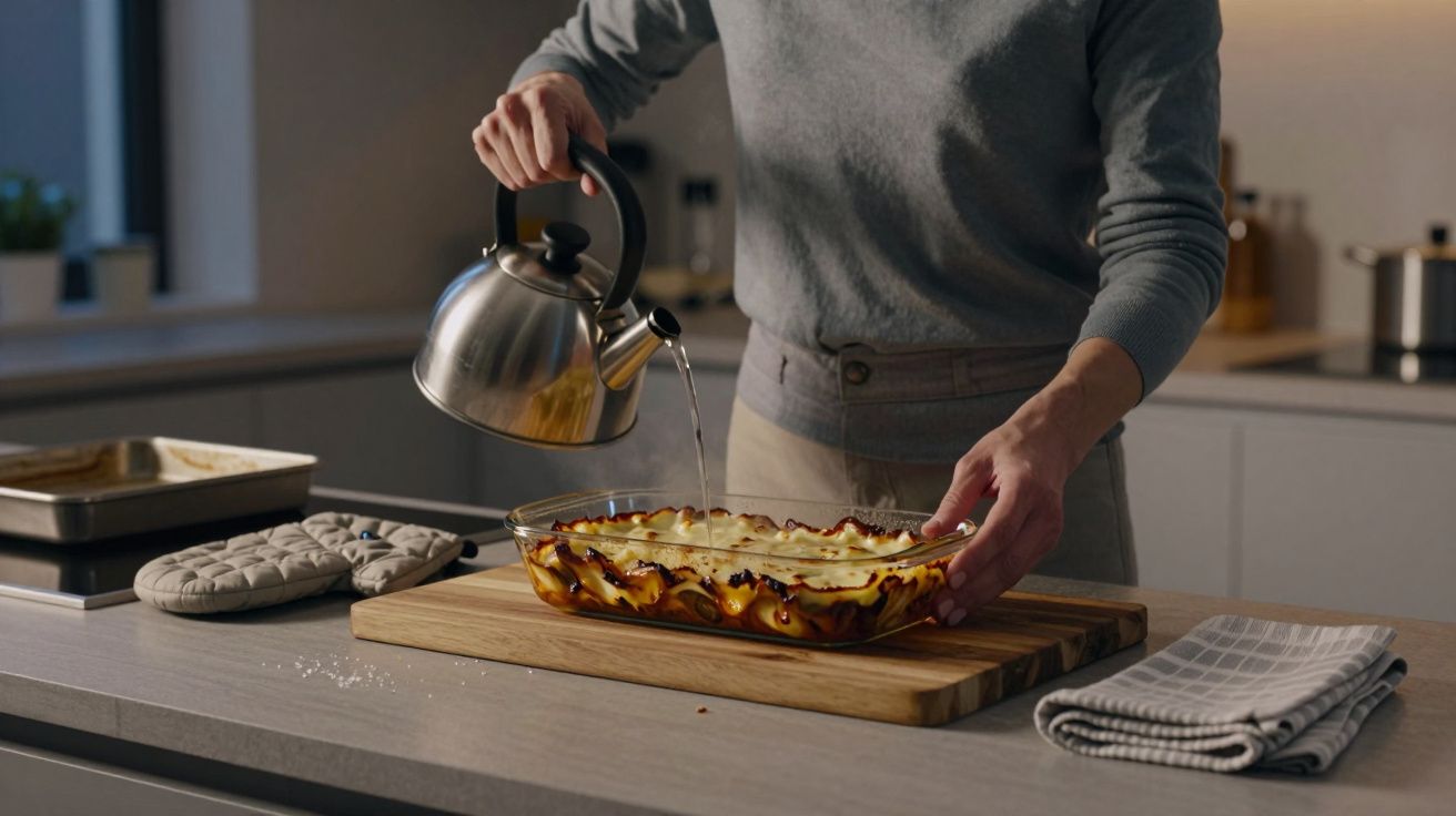 Person pouring hot water from a kettle into a glass dish on a wooden board in a kitchen.