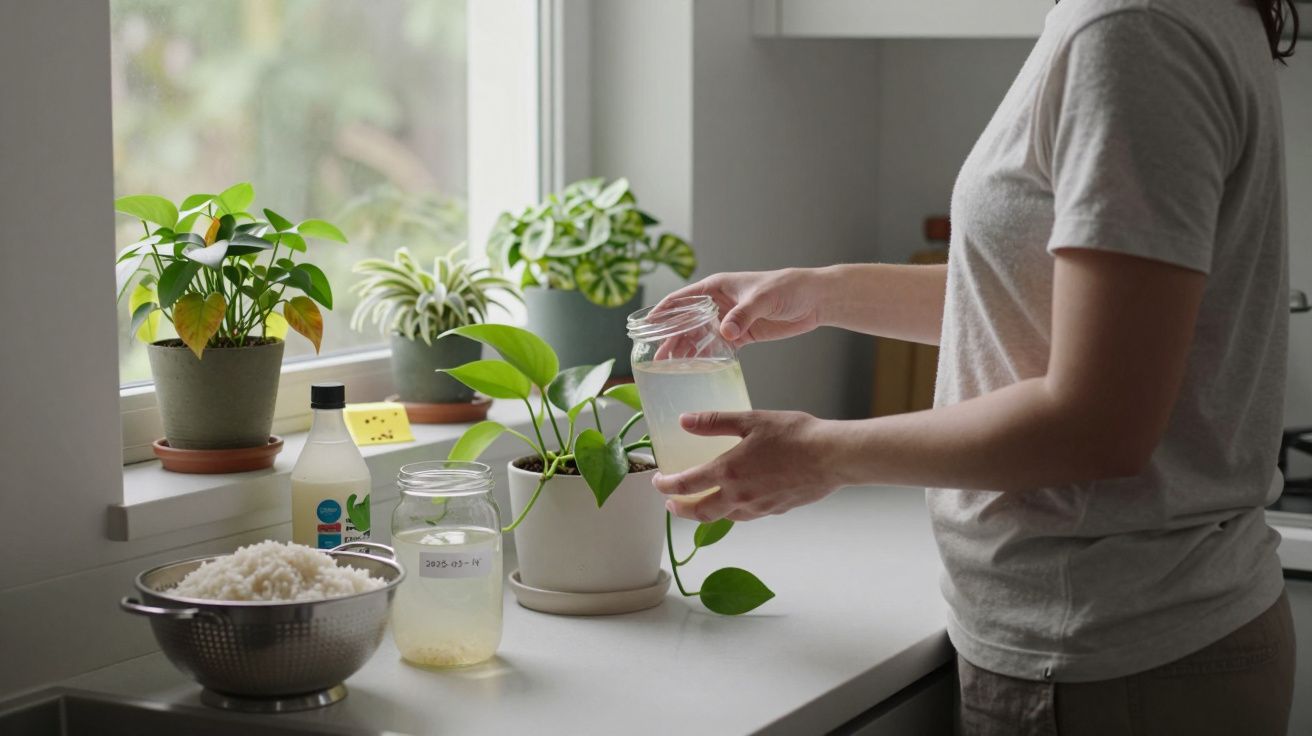 Person watering houseplant with water beside a window, surrounded by other potted plants and a bowl of rice.