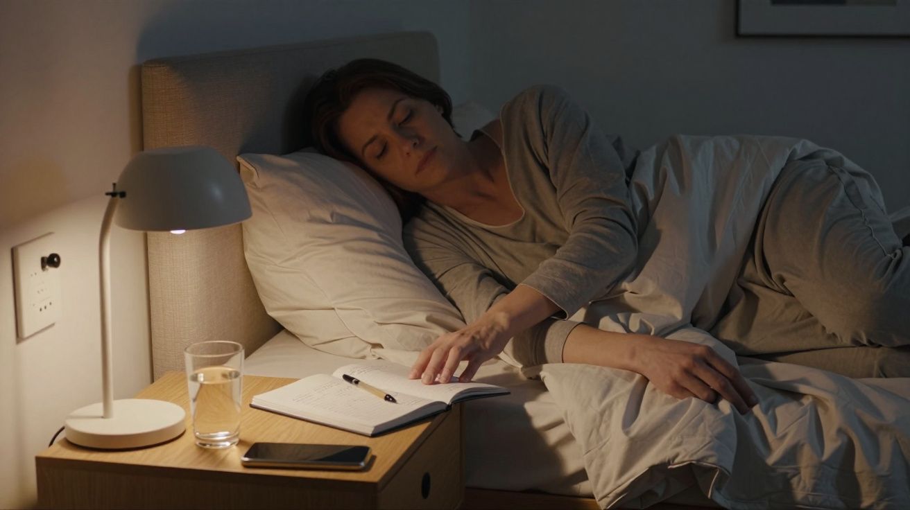 Woman sleeping in bed with a lamp, glass of water, notepad, and phone on the bedside table.