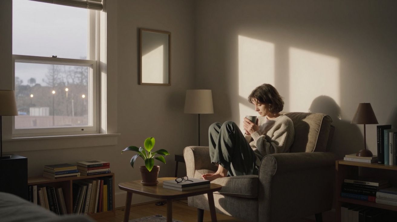 Person sitting in an armchair with a mug, sunlight streaming in through the window, surrounded by plants and books.