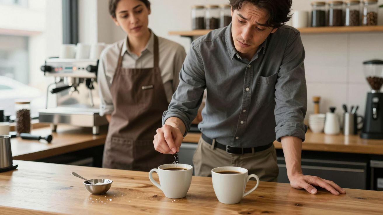 Barista prepares coffee with a spoon, while a colleague watches, in a cosy café setting.
