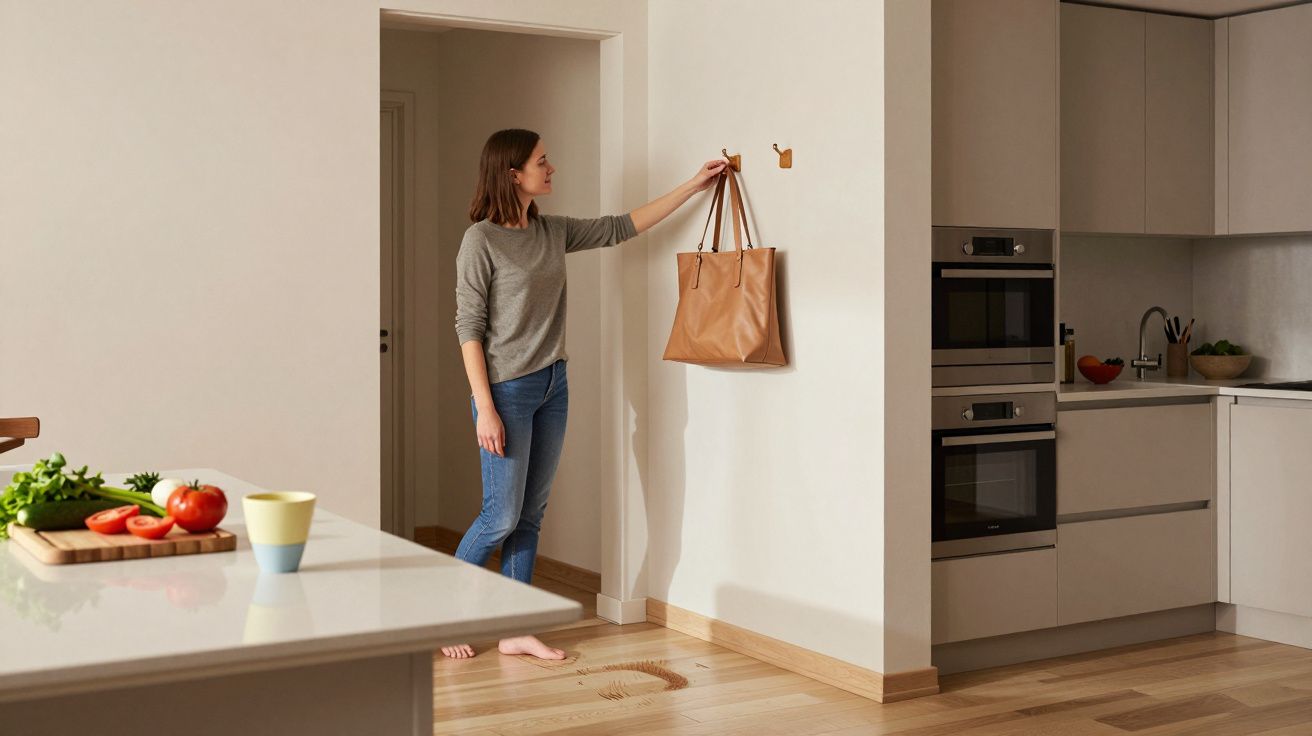 Woman hanging a brown bag on wall hook in modern kitchen, with fresh vegetables and a cup on the counter.