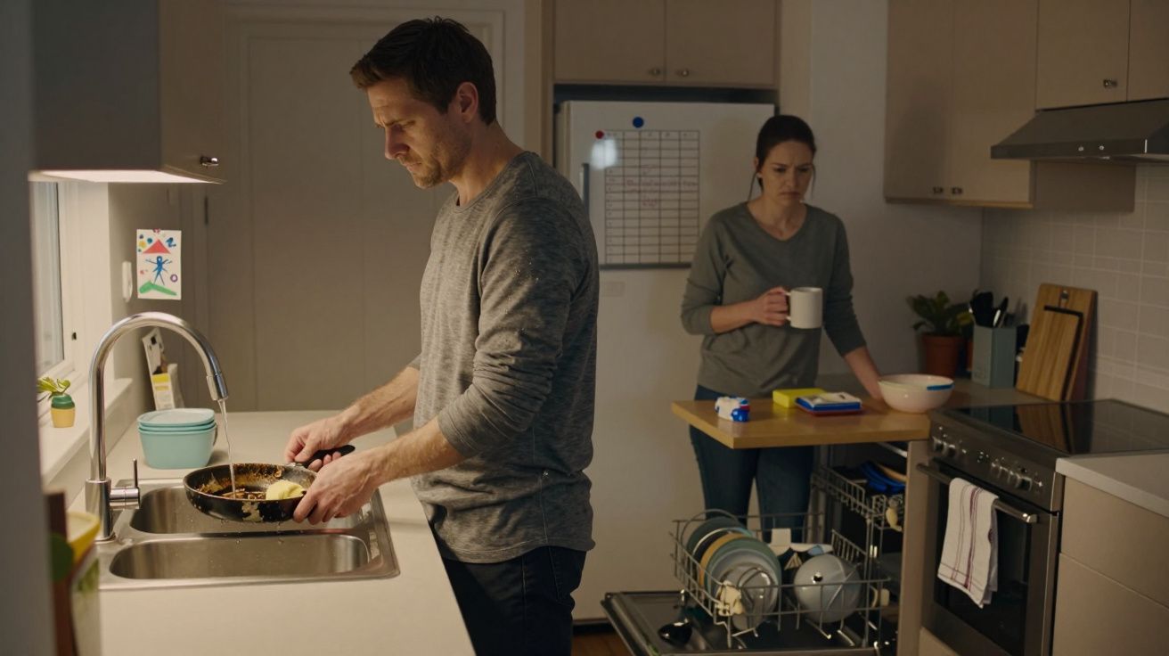 Man washing dishes at sink, woman with mug near dishwasher in modern kitchen.
