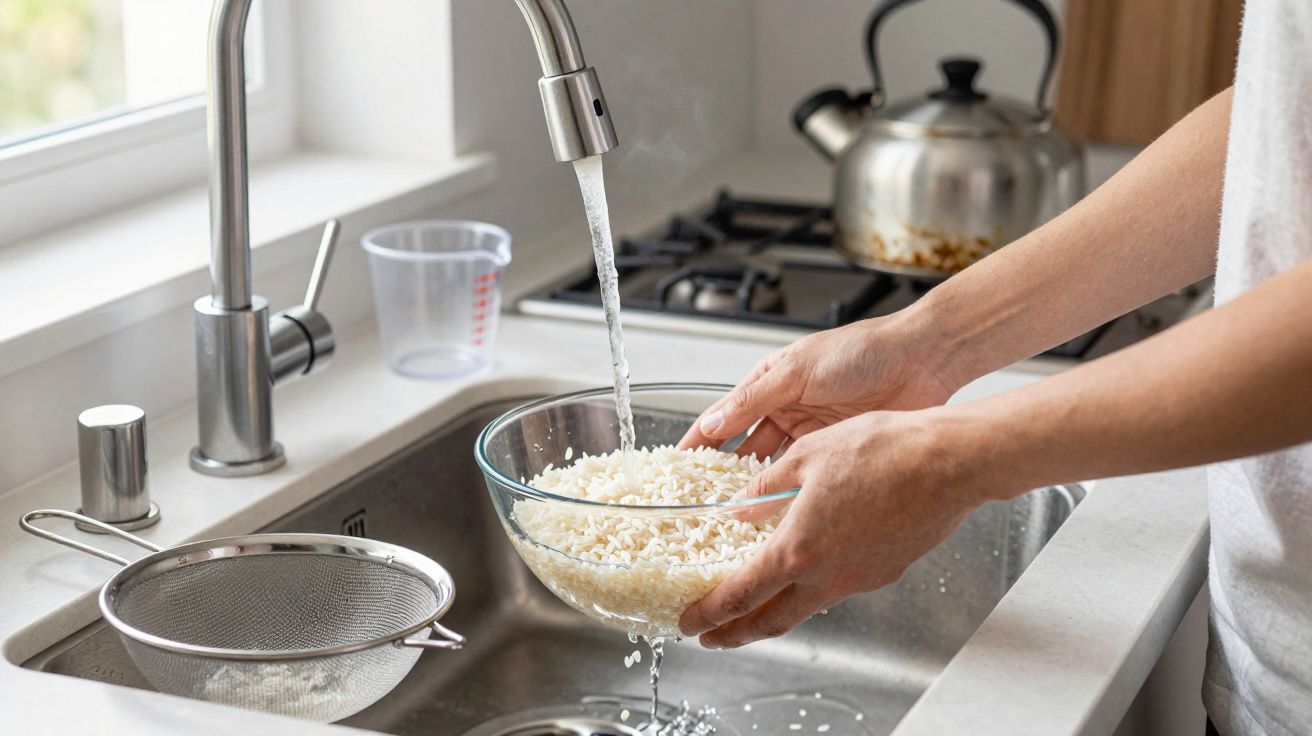 Person rinsing rice in a glass bowl under a kitchen tap, with a sieve and kettle nearby.
