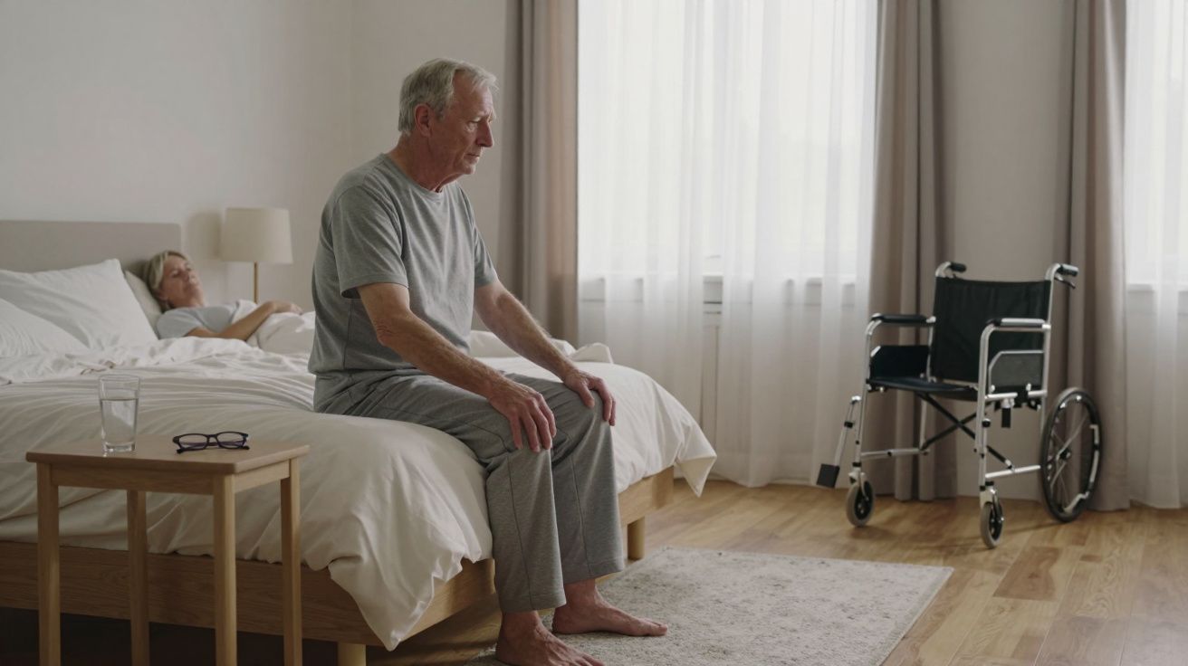 Elderly man in grey pyjamas sits on a bed, contemplating; a wheelchair and bedside table with glasses are nearby.
