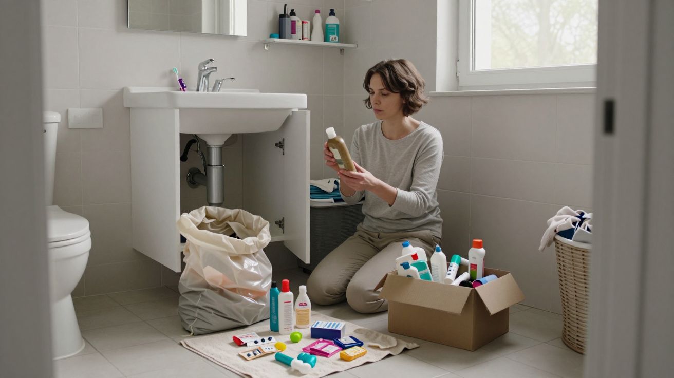 Woman organising bathroom products on the floor, kneeling beside a box and laundry basket, cabinet open under sink.