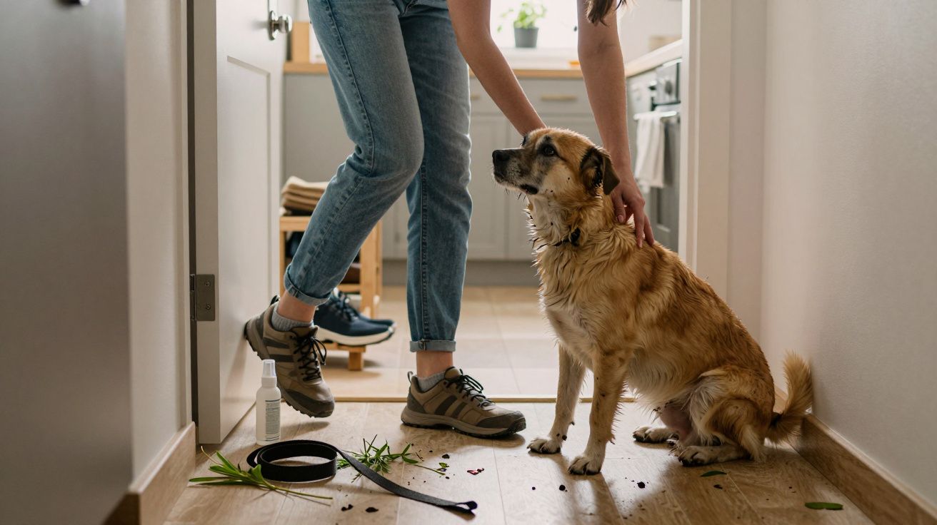 Person with dirty shoes pats a wet dog in a hallway with a leash and leaves on the floor.