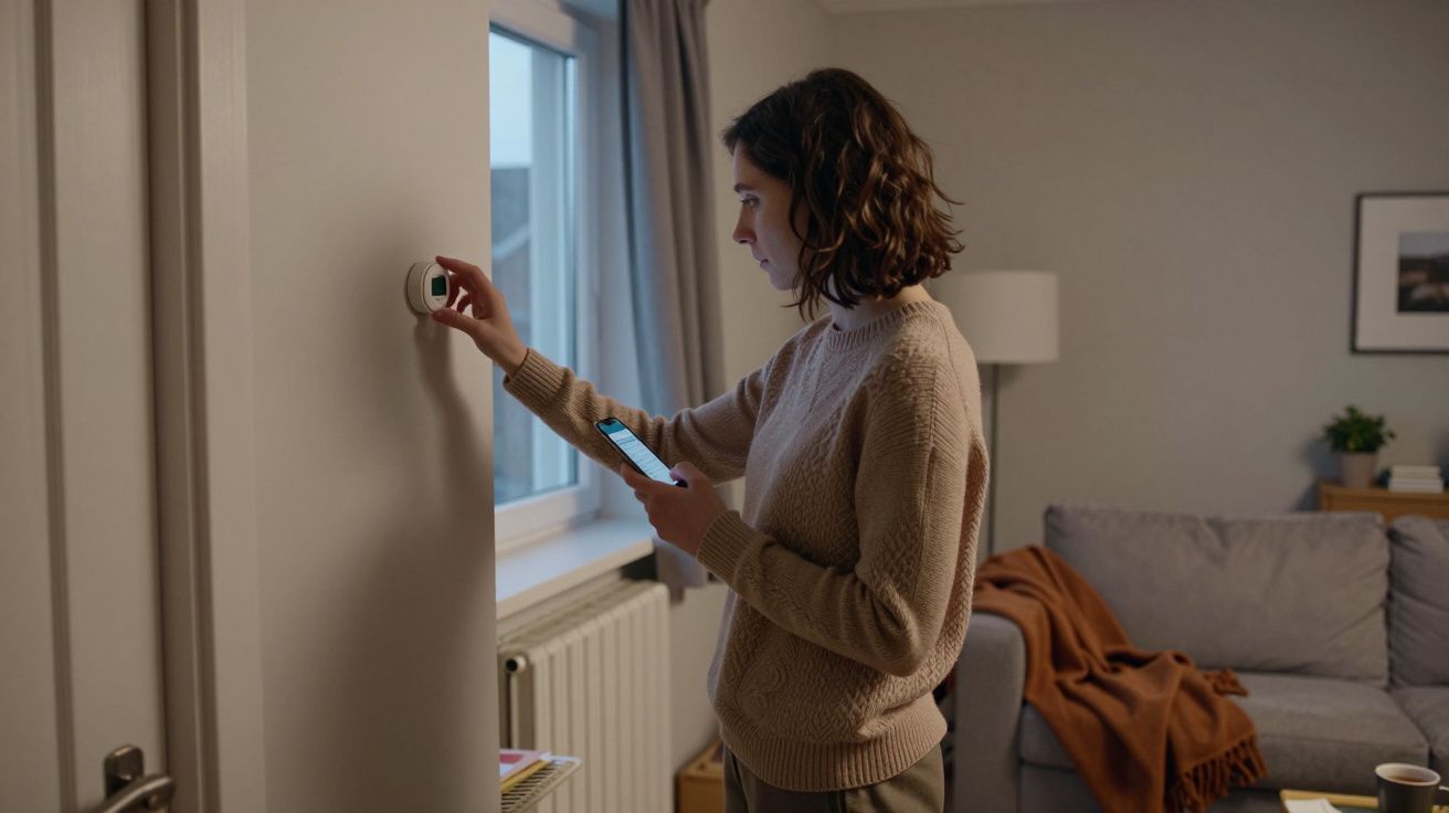 Woman adjusting thermostat with smartphone in living room.