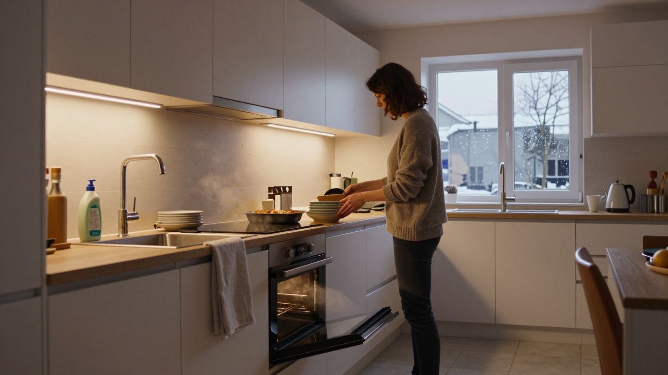 Woman in cosy kitchen, placing dishes on the counter next to a window on a snowy day.