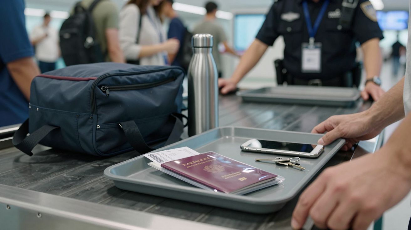 Security checkpoint with trays holding passport, mobile, keys, and a bag. Security personnel in the background.