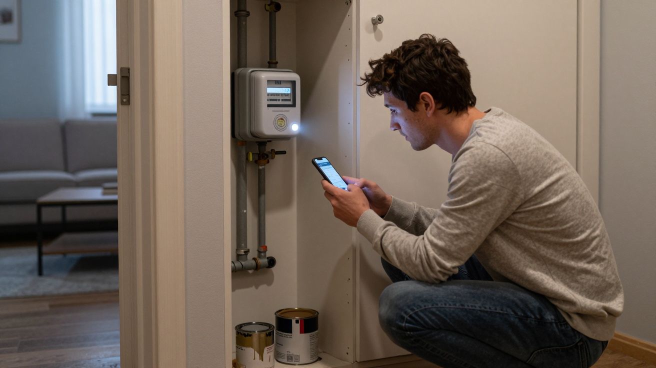 Man reading a smart meter with a phone torch inside a cupboard, paint cans on the floor, and a sofa in the background.