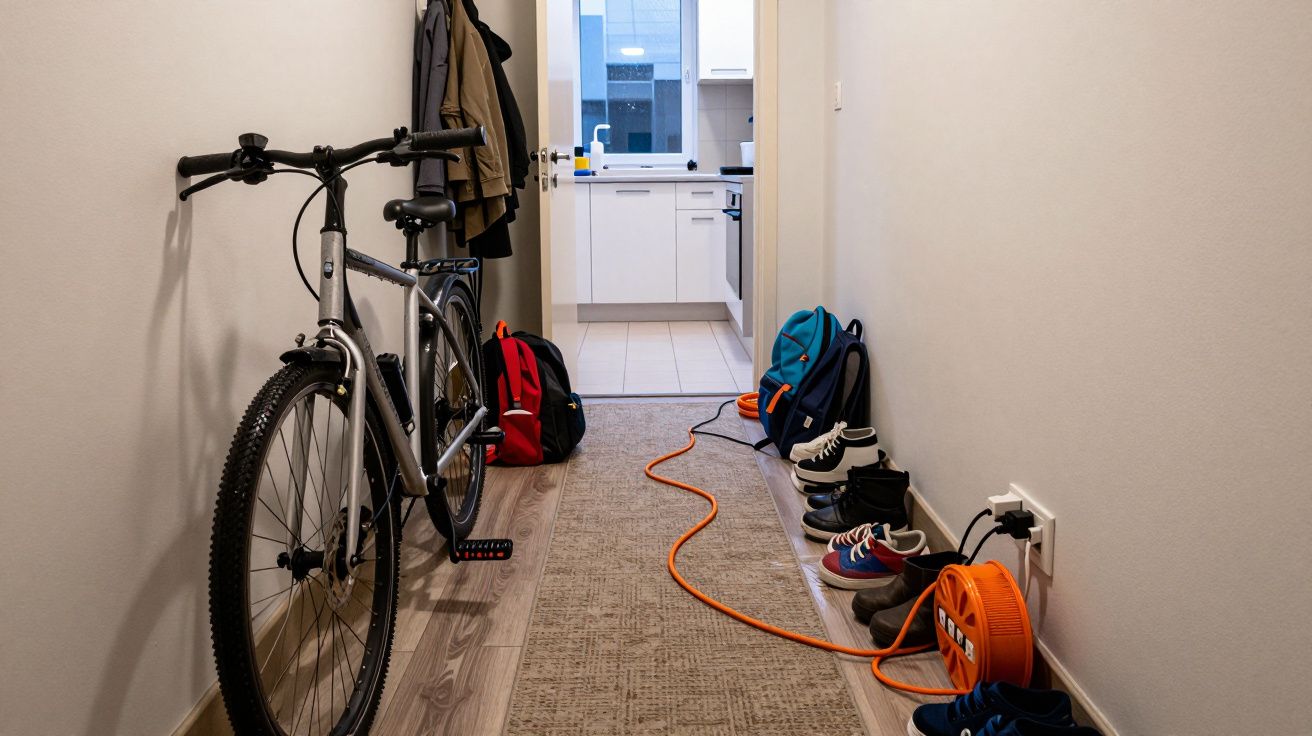Hallway with a bicycle, coats, shoes, backpacks, and an extension cord leading to a kitchen in the background.